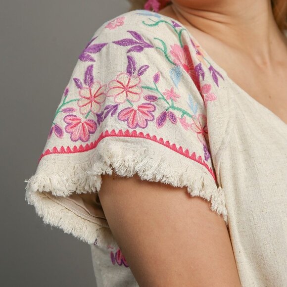 Embroidered Sleeves Linen Cotton Blend Round Neck w/ Frayed High Low Hem - Picture 4 of 14